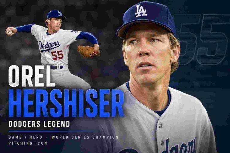 Orel Hershiser pitching for the Los Angeles Dodgers as a baseball legend