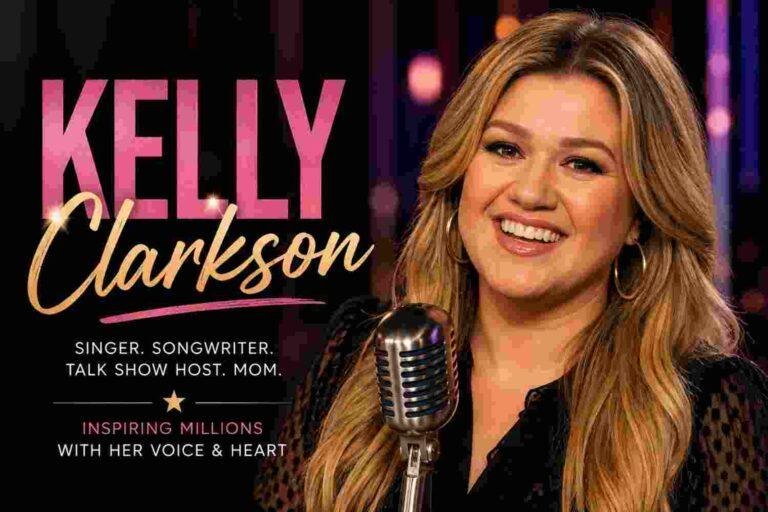 Kelly Clarkson smiling beside a vintage microphone