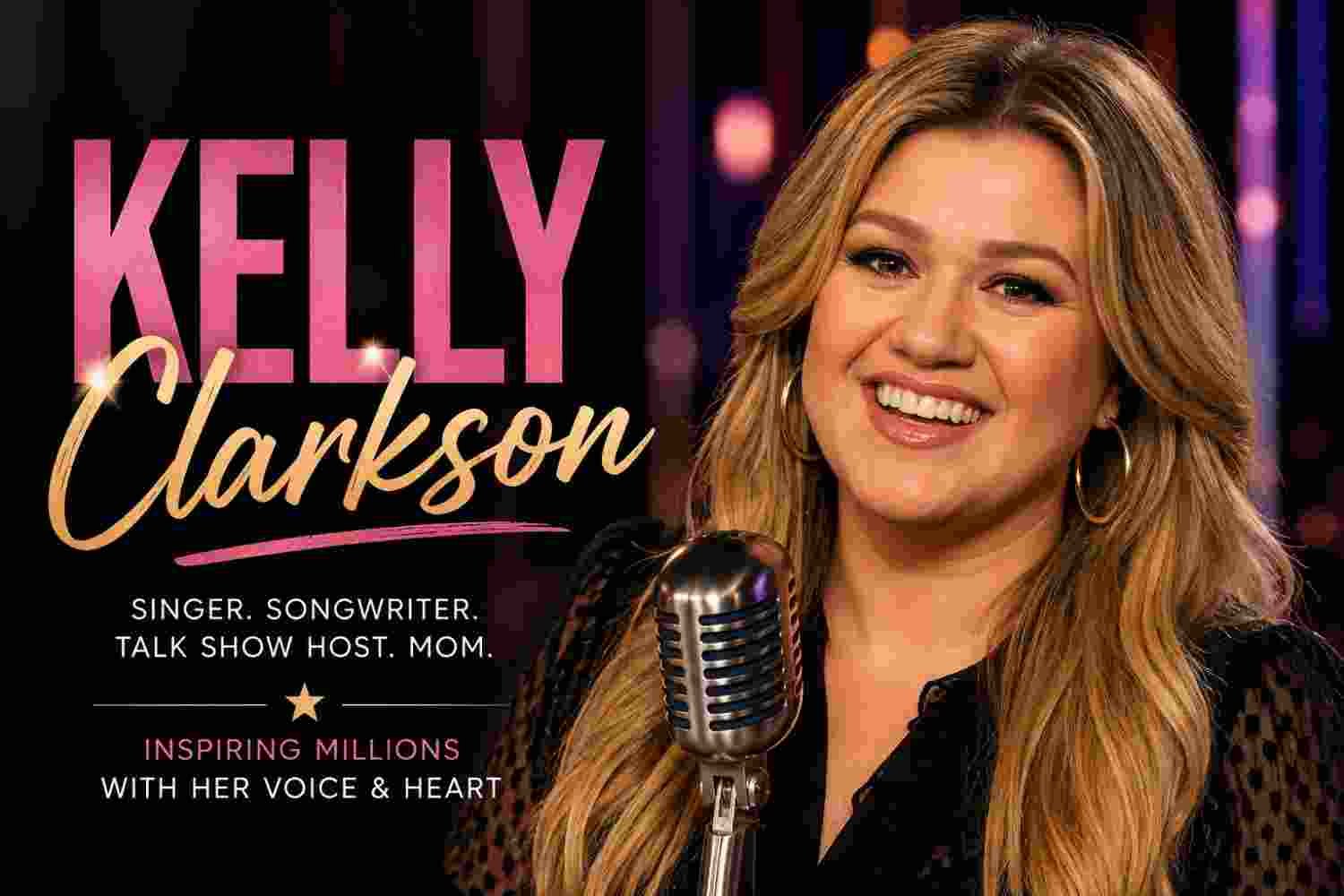 Kelly Clarkson smiling beside a vintage microphone