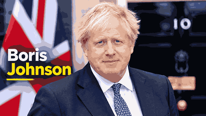 Boris Johnson in a suit standing outside 10 Downing Street