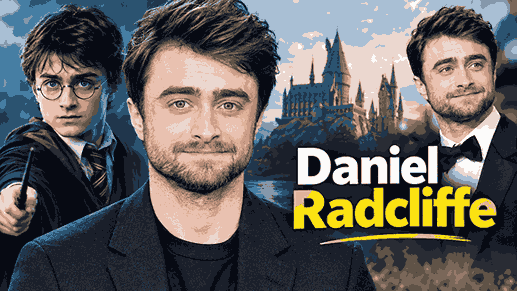 Daniel Radcliffe portrait with Harry Potter and Hogwarts background