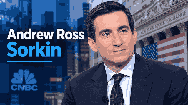 Andrew Ross Sorkin in a suit with Wall Street and CNBC background
