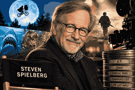 Steven Spielberg surrounded by iconic movie and filmmaking imagery