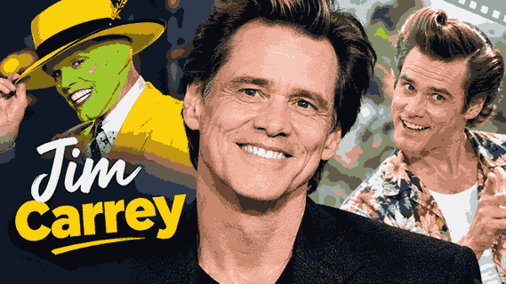 Jim Carrey smiling in a portrait with The Mask and Ace Ventura movie character looks
